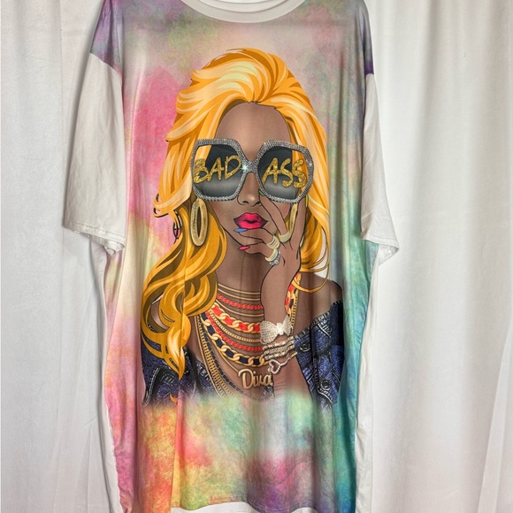 Fashion Nova Tops - White and Gray Oversized Graphic Short Sleeve Tee with BAD ASS Diva inscription